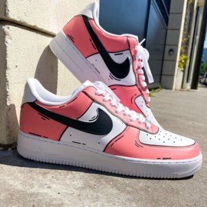 Nike Air Force 1 Custom Low Cartoon Pink Shoes White Black Outline Mens Womens